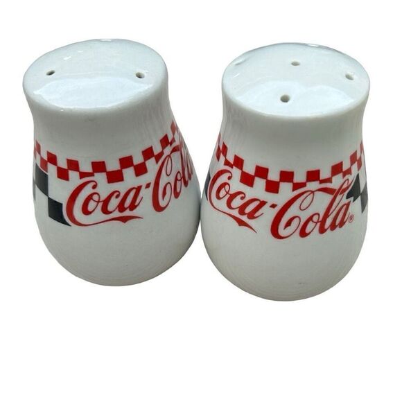 Vintage Coca Cola Salt & Pepper Shakers Set OS White Checkered Retro Ceramic - Picture 2 of 8
